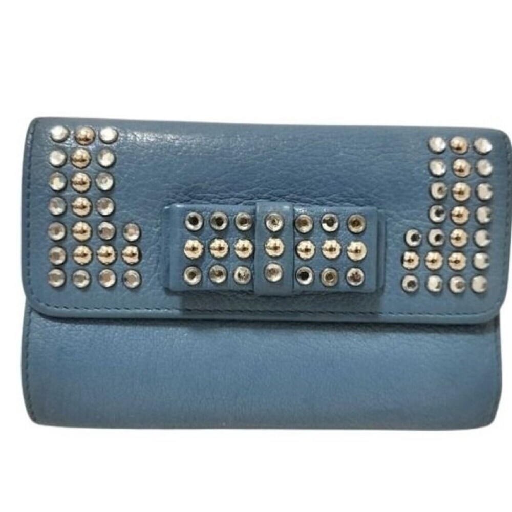 Miu Miu Miu Madras Crystal 5M1225 Blue Leather Women's Studded Ribbon L-shaped